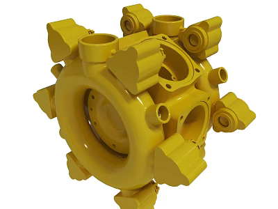 Yellow Industrial Mechanical Component With Circular Design And Multiple Protrusions 3d model