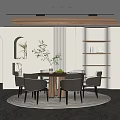 Minimalist Restaurant Interior With Round Dining Table Black Chairs Wall Shelves And Arched Doorway