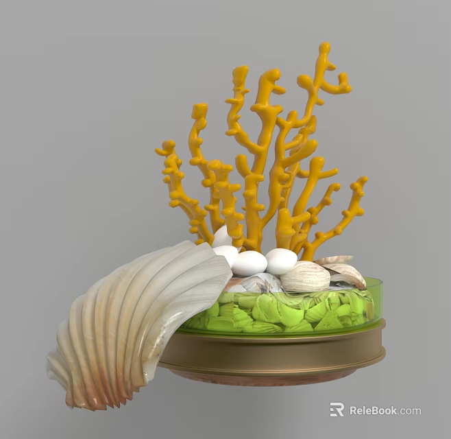 Elegant Ornamental Decor Set with Yellow Coral Large Seashell White Pebbles Green Golden Base 3d model 