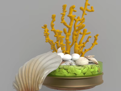 Elegant Ornamental Decor Set with Yellow Coral Large Seashell White Pebbles Green Golden Base 3d model