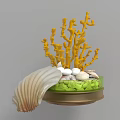 Elegant Ornamental Decor Set with Yellow Coral Large Seashell White Pebbles Green Golden Base