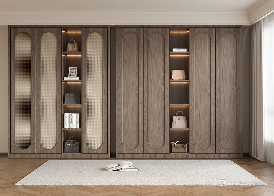 Elegant Modern Wooden Wardrobe With Grid Patterned Panels Shelves Bags Books And Built In Lighting 3d model 