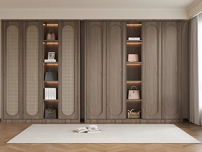 Elegant Modern Wooden Wardrobe With Grid Patterned Panels Shelves Bags Books And Built In Lighting 3d model