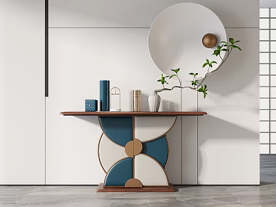 Modern Console Table With Round Mirror Green Plant And Decorative Items 3d model