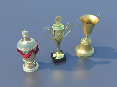 Gold And Silver Trophy Awards With Red Ribbon And Base Stand 3d model