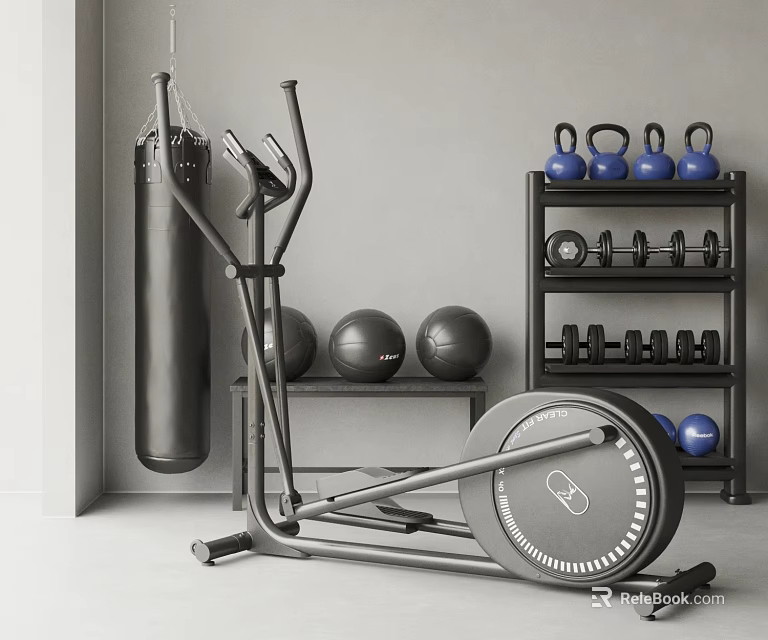 Home Gym Equipment Including Elliptical Punching Bag And Weights 3d model 