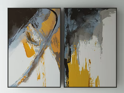 Abstract Painting With Black Gray Yellow White Brush Strokes For Wall Art Decor 3d model