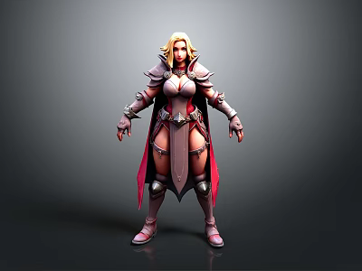 Fantasy Female Warrior With Blonde Hair Red Cape And Armor Standing Pose 3d model