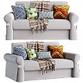 Modern Light Gray Sectional Sofa with Various Patterned Pillows and Striped Tassel Throw Blanket 3d model