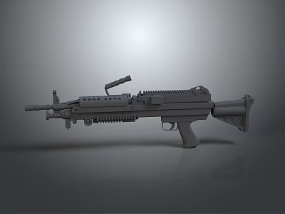 Gray Machine Gun with Barrel Magazine and Stock on Gray Background with Focused Light 3d model