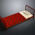 Elegant Single Bed With Red Plaid Bedspread Metal Frame And White Pillow