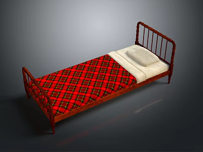 Elegant Single Bed With Red Plaid Bedspread Metal Frame And White Pillow 3d model