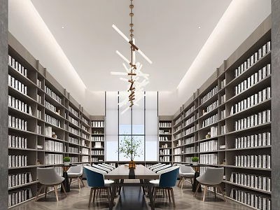 Modern Library Interior Design With Bookshelves Chairs Table And Chandelier 3d model
