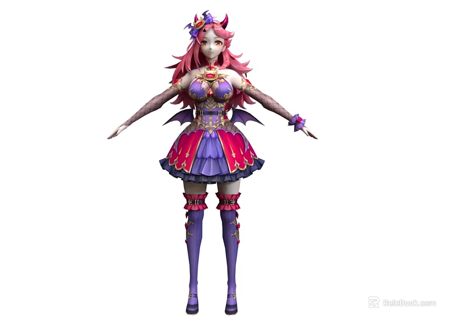 Woman With Pink Hair Decorative Headpiece Purple Pink Outfit Short Skirt And Knee High Boots 3d model 