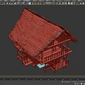 Traditional Two Story Wooden House With Thatched Roof And Wooden Balcony Staircase