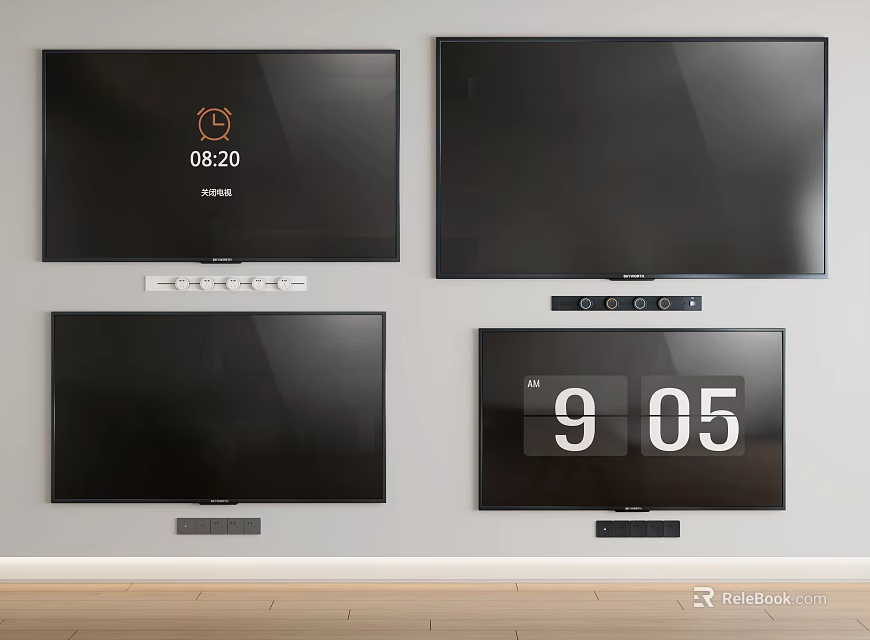 Four Hisense Wall Mounted TVs Showing Time In Modern Living Room 3d model 