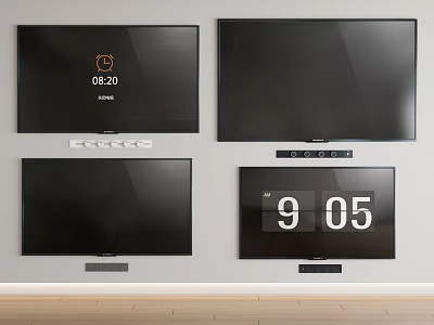 Four Hisense Wall Mounted TVs Showing Time In Modern Living Room 3d model