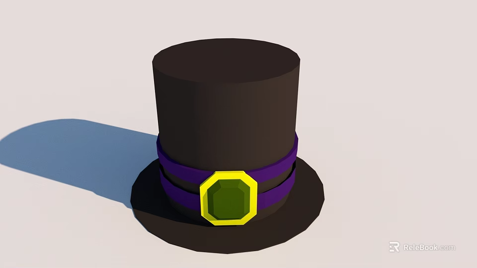 Dark Brown Top Hat With Black Brim Purple Band And Green Gem Yellow Border 3d model 