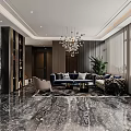 Modern Dining and Living Room Interior With Sofa Dining Table Crystal Chandelier And Decorative Panels