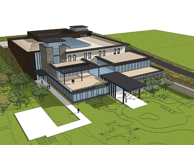 Modern Building Design With Glass Facade Flat Roof Entrance Canopy Green Lawn And Trees 3d model