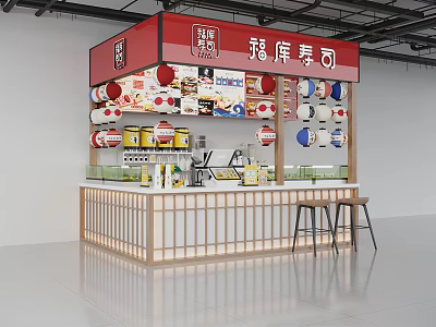 Modern Japanese Sushi Restaurant With Red Signage Sushi Display And Wooden Counter Bar Stools 3d model