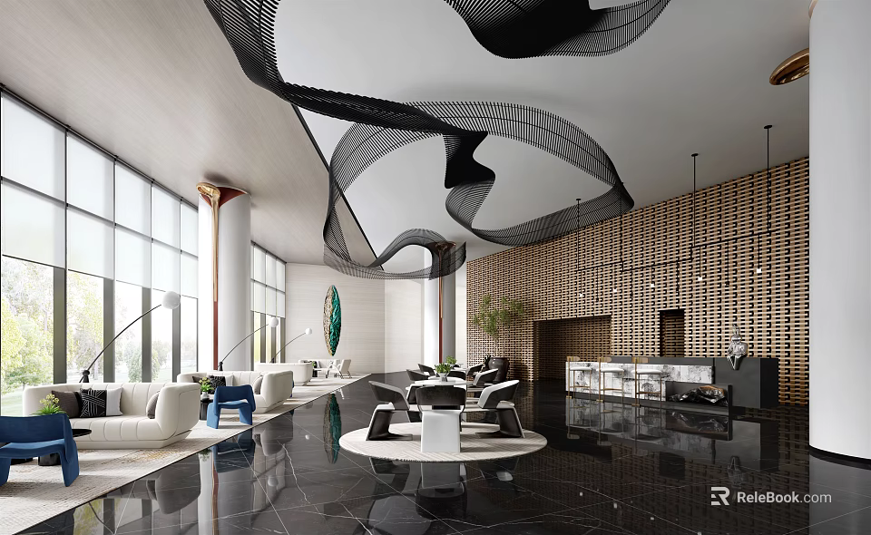Modern Lounge Area Featuring Large Windows Black Curved Ceiling Decor Wooden Grid Wall White Sofas 3d model 
