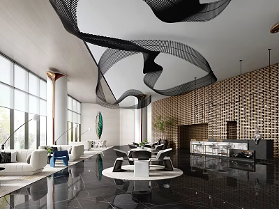 Modern Lounge Area Featuring Large Windows Black Curved Ceiling Decor Wooden Grid Wall White Sofas 3d model