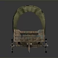 Vintage Covered Wagon With Wooden Structure Green Canvas Cover And Wheels