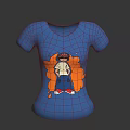 Blue T-shirt with cartoon character wearing hat white top blue pants red shoes orange design