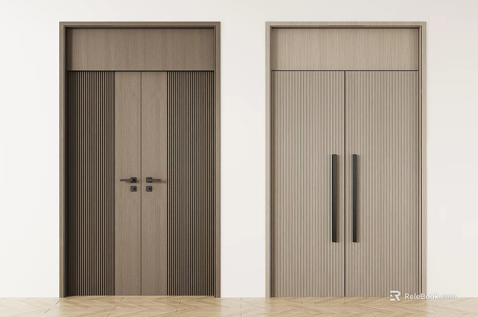 Modern Wooden Double Doors With Vertical Slats And Black Handles For Home Interior 3d model 