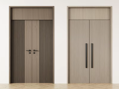 Modern Wooden Double Doors With Vertical Slats And Black Handles For Home Interior 3d model