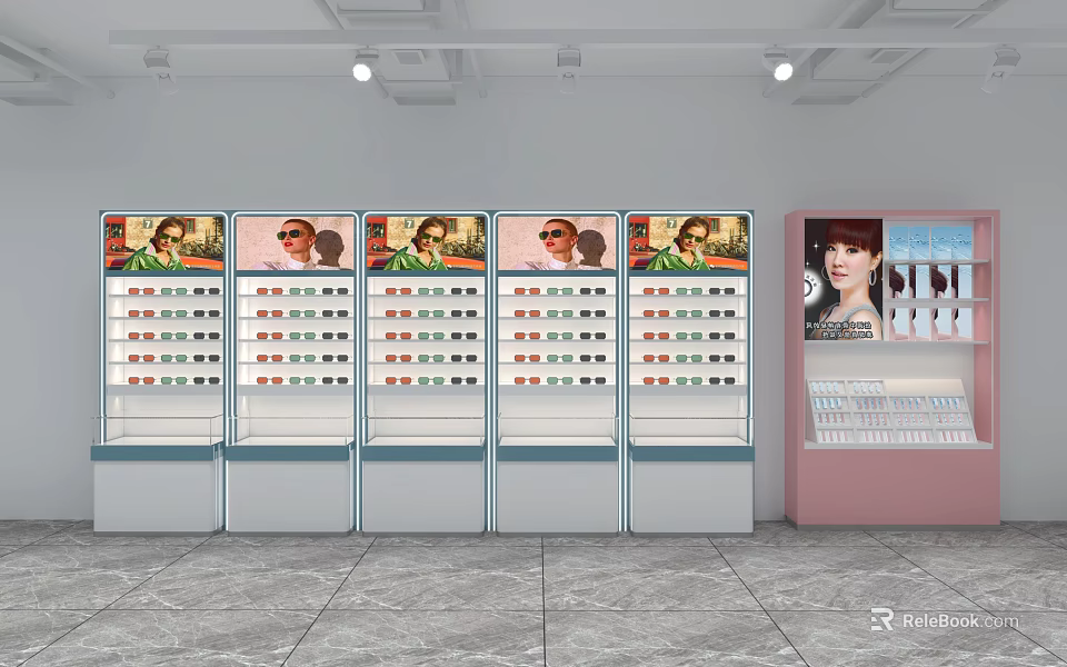 Shopping Mall Eyewear Store Featuring Multiple Display Cabinets Various Glasses And Pink Showcase 3d model 