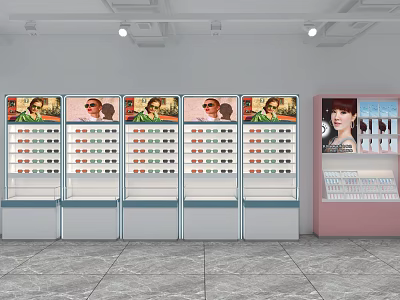 Shopping Mall Eyewear Store Featuring Multiple Display Cabinets Various Glasses And Pink Showcase 3d model
