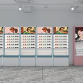 Shopping Mall Eyewear Store Featuring Multiple Display Cabinets Various Glasses And Pink Showcase 3d model