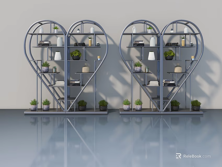 Modern Swing Door Design With Heart Shaped Metal Shelves And Potted Plants 3d model 
