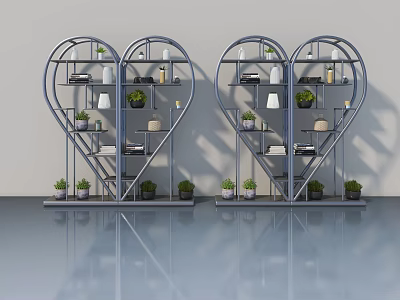 Modern Swing Door Design With Heart Shaped Metal Shelves And Potted Plants 3d model