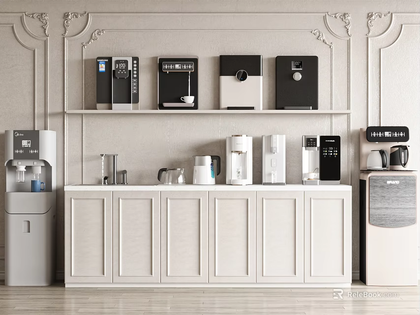 Modern Interior With Household Electrical Appliances Arranged On White Cabinetry And Decorative Wall Panels 3d model 