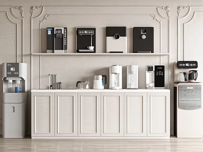 Modern Interior With Household Electrical Appliances Arranged On White Cabinetry And Decorative Wall Panels 3d model