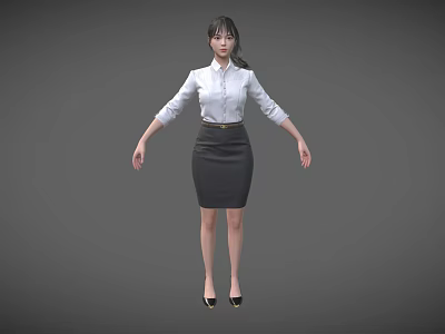 Business Woman In White Shirt And Black Skirt Standing Against Gray Background 3d model