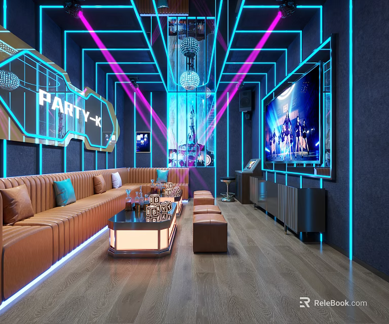 Modern KTV Room With Neon Lights Brown Sofas And Large Screen 3d model