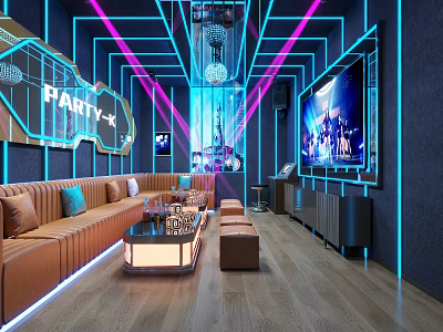 Modern KTV Room With Neon Lights Brown Sofas And Large Screen 3d model