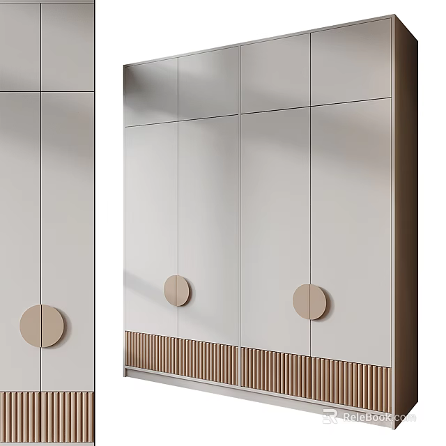 Modern Wardrobe Design With Mirrored Panels Round Knobs And Wooden Accent Trim 3d model 