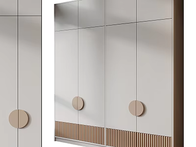 Modern Wardrobe Design With Mirrored Panels Round Knobs And Wooden Accent Trim 3d model