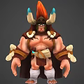 Tribal Warrior Character With Horned Helmet Flaming Red Crest Bone Decorations Brown Cape And Bandaged Legs