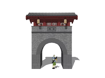 Ancient Chinese Traditional Architecture With Gray Stone Archway Red Tiled Roof And Hanging Lanterns 3d model