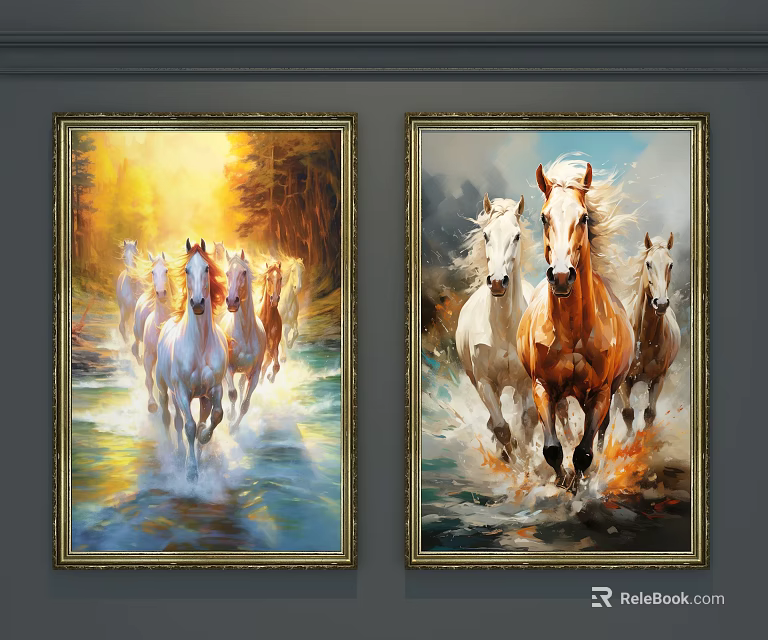 Framed Animal Paintings of Running Horses in River with Sunlight and Forest 3d model 