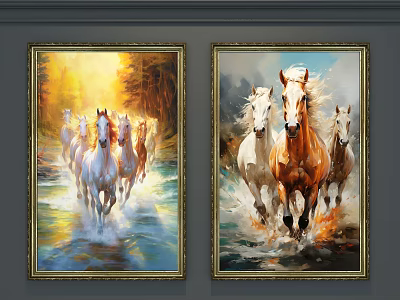 Framed Animal Paintings of Running Horses in River with Sunlight and Forest 3d model
