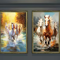 Framed Animal Paintings of Running Horses in River with Sunlight and Forest