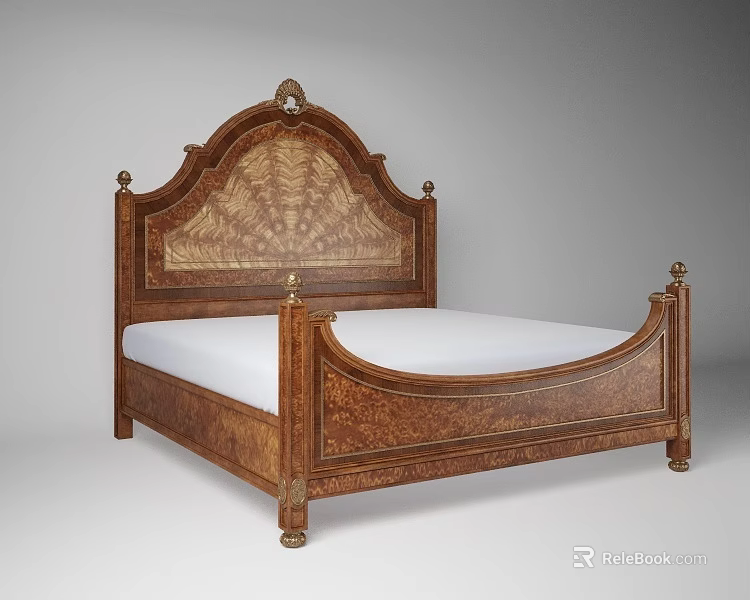 Classic Wooden Double Bed With Carved Headboard And Ornate Metal Accents 3d model 