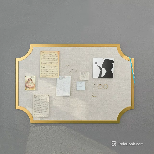 Gray Background Wall With Gold Frame Bulletin Board Papers Silhouette Photo Rings And Love Lettering 3d model 